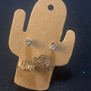 Gold 'Love' Earrings with Crystals